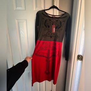 Black and red; with sheer illusion dress